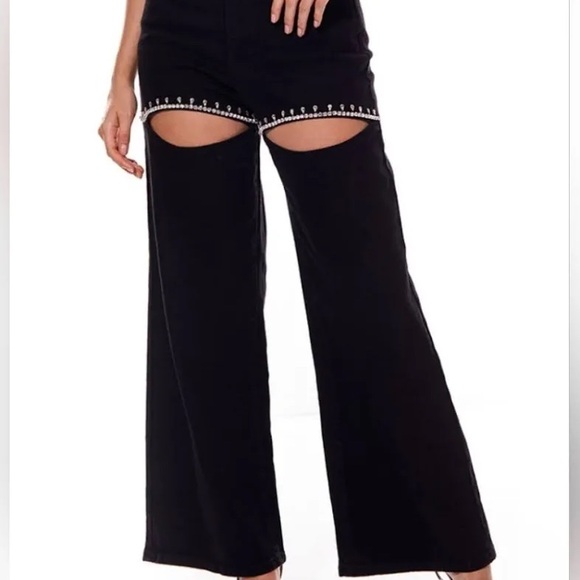 Galita Fashion Denim - Almeda Jeans Elegant Black Wide Leg with Cut-Out Details and Gems